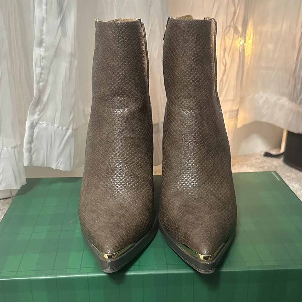 Charles By Charles David Taupe Pointed Toe Ankle Booties with Gold Toe Caps